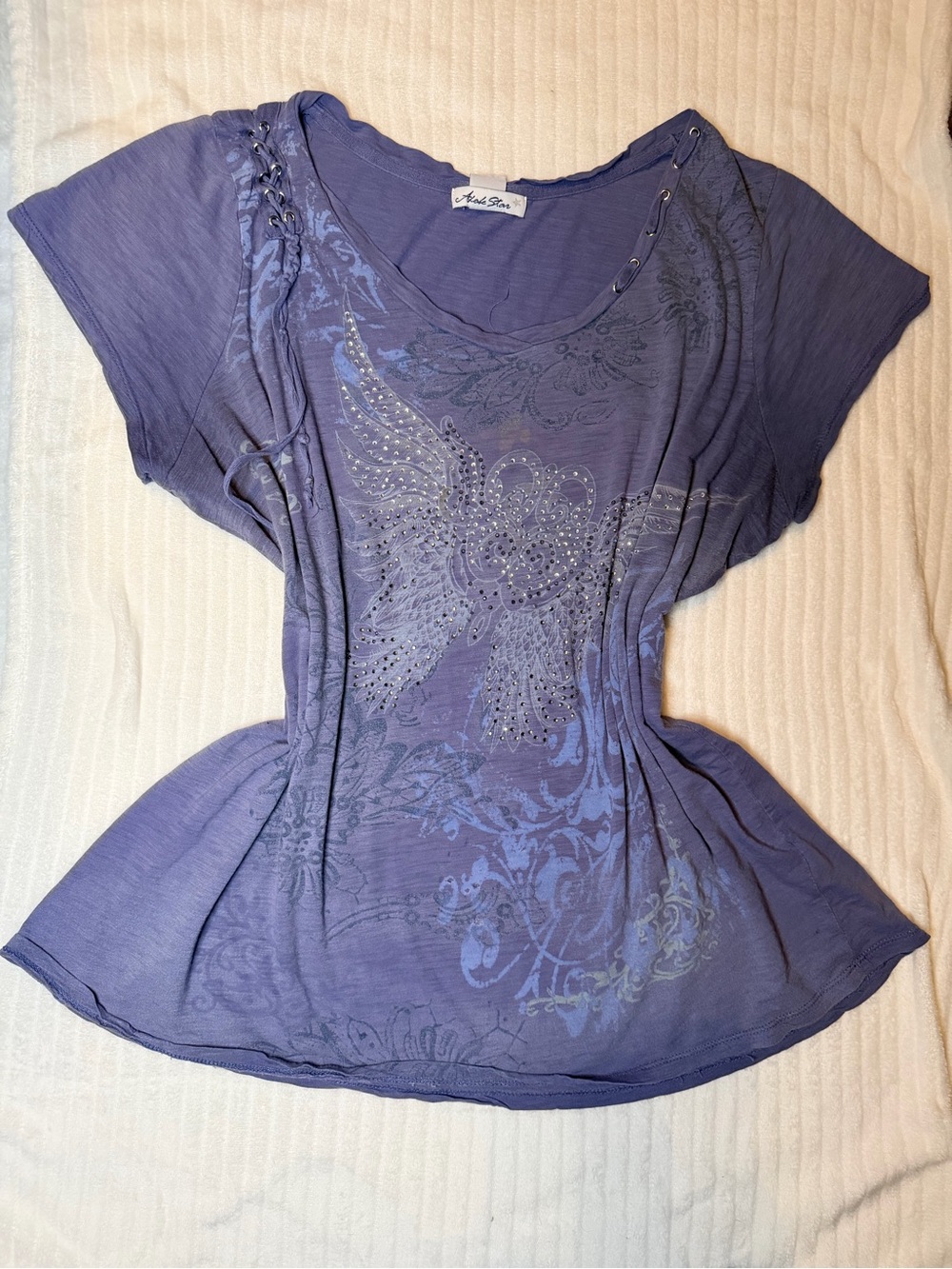Y2K Vintage Purple Rhinestone Butterfly Graphic Tee Top Size XL 23” Pit to Pit